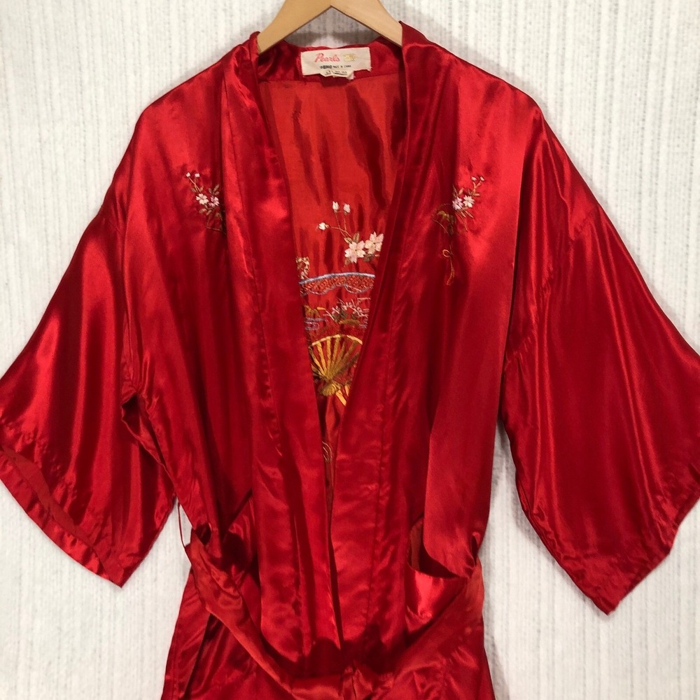 Vintage Pearls Silk Kimono Robe‎ Hand Embroidery Asian Style Red L